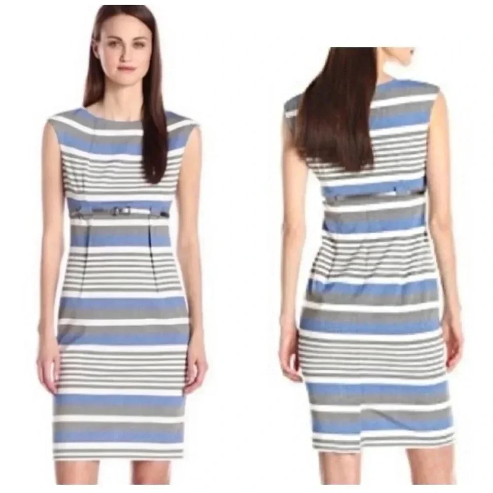 CALVIN KLEIN | Women’s Blue/White/Grey Striped Sheath Career Midi Dress Size 12